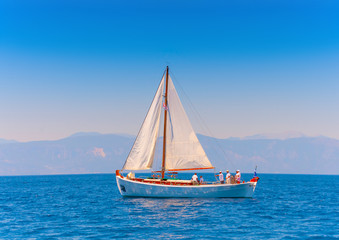Fototapeta premium Classic wooden Greek boat (Kaiki) in Spetses island in Greece