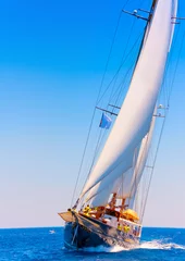 Garden poster Sailing A  big 3 mast classic sailing boat in Spetses island in Greece