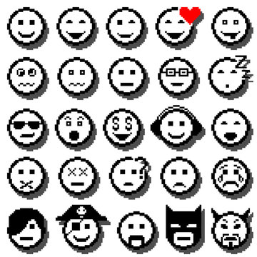 Vector icons of smiley faces. Pixel art.