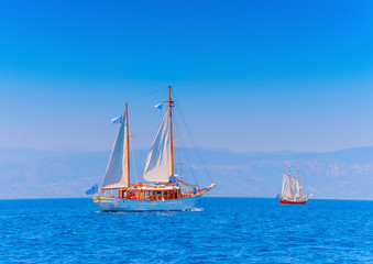 Fototapeta na wymiar Old classic wooden sailing boat, in Spetses island in Greece