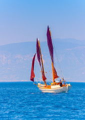 Old classic wooden sailing boat, in Spetses island in Greece