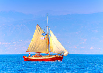 Fototapeta premium Old classic wooden sailing boat, in Spetses island in Greece