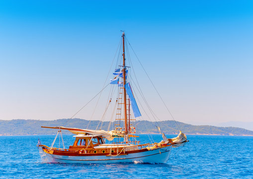 Old classic wooden sailing boat, in Spetses island in Greece