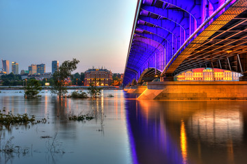 View from the steel bridge to Warsaw at dusk