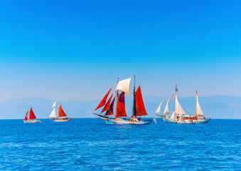 Fototapeta premium several classic wooden sailing boats in Spetses island in Greece
