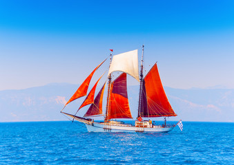 Old classic wooden sailing boat in Spetses island in Greece - 65912720