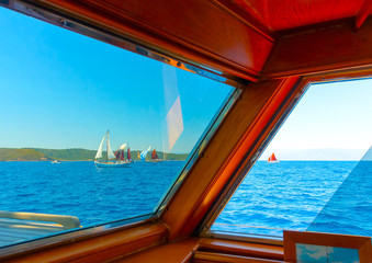 View from an old wooden sailing Greek boat in Greece
