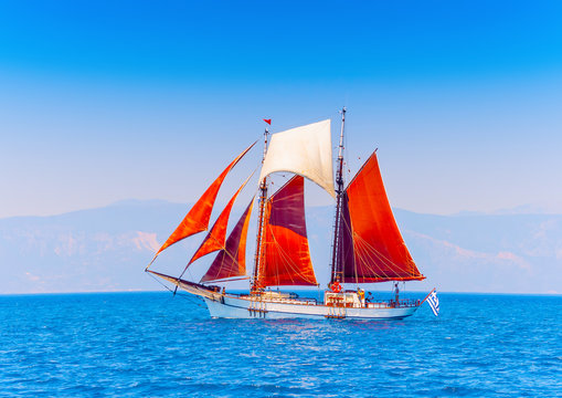 Old classic wooden sailing boat in Spetses island in Greece