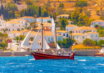 Old classic wooden sailing boat in Spetses island in Greece