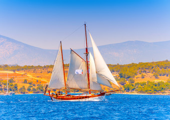 Fototapeta na wymiar Old classic wooden sailing boat in Spetses island in Greece