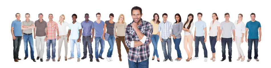 Confident Man With Friends Against White Background