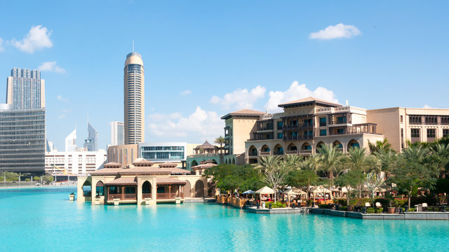Dubai downtown, city centre, view on bright sunny day, UAE