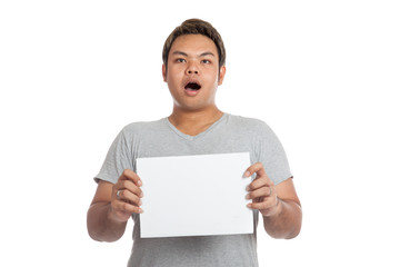 Asian strong man  shocked, surprised, with  blank sign