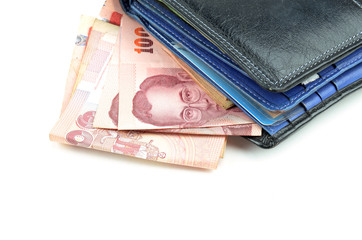 purse with moneys isolated on white background