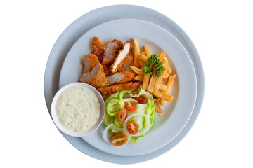 Chicken strips and fries combo on white background