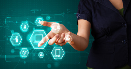 Girl pressing virtual media type of buttons