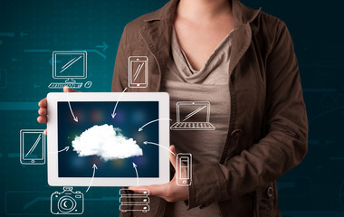 Woman showing hand drawn cloud computing