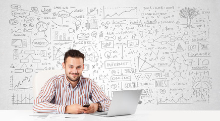 Businessman planning and calculating with various business ideas