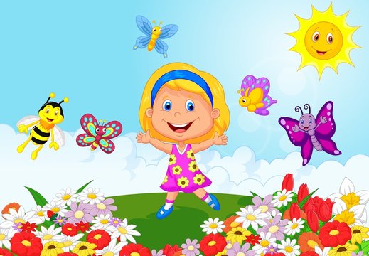 Happy little girl running on flower field