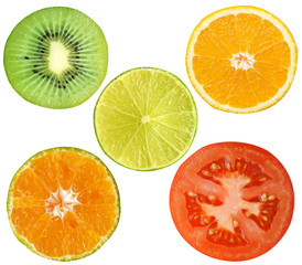 Kiwi fruit, lemon, orange, tomato isolate on white background