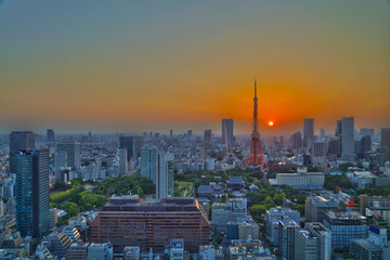 Fototapeta na wymiar top view of Tokyo cityscape at sunset