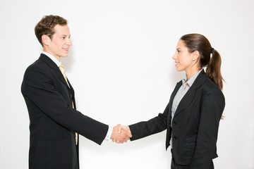 Bushiness dressed male and female shaking hands.