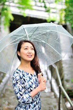 雨の日の傘を差している日本人女性