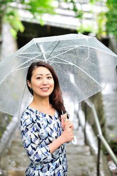 雨の日の傘を差している日本人女性