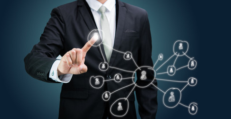 Businessman standing posture hand touching technology concept