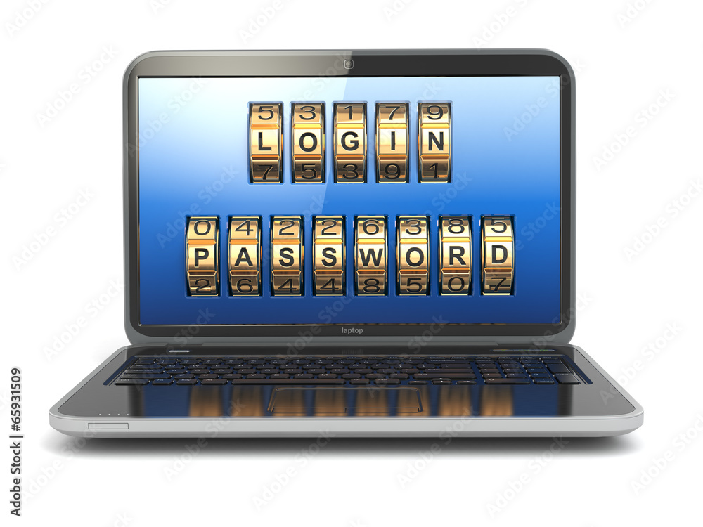 Poster computer or internet security concept. laptop with login and pas
