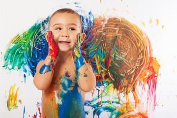 adorable kid paint stained representing the creativity and the f