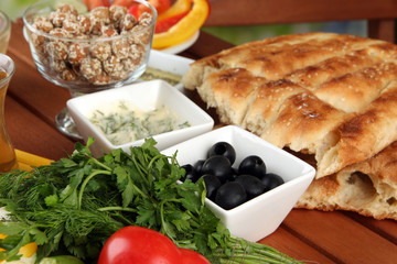 Traditional Turkish breakfast on table close up
