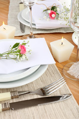 Table setting with spring flowers close up