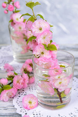 Beautiful fruit blossom in glass on table on grey background