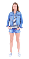 Beautiful young girl  in shorts, jacket and t-shirt isolated