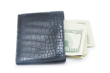 Leather wallet with money isolated on white background