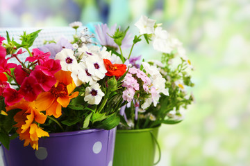 Bouquet of colorful flowers in decorative buckets,