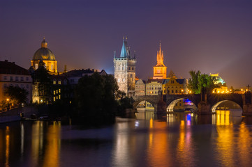 Fototapeta na wymiar The River Vltava and Charles bridge at Night, Prague
