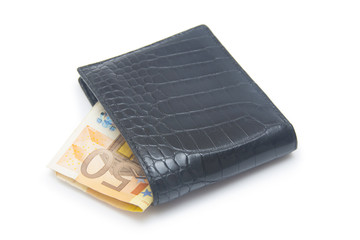 Leather wallet with money isolated on white background