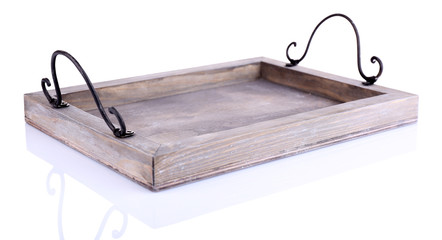 Decorative old wooden tray, isolated on white