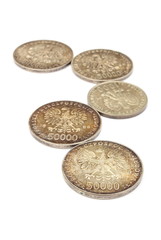 Old polish coins collection isolated on white background