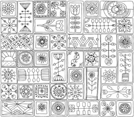 Seamless pattern. Sampler doodle flowers, leaves, hearts.