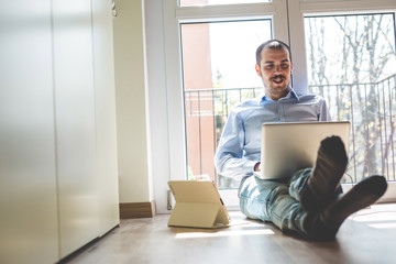 elegant business multitasking multimedia man