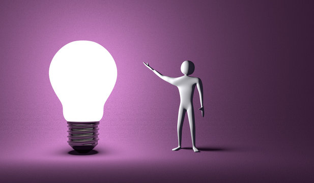 Glowing light bulb and 3d man on violet
