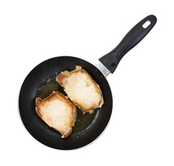 Pork loin steaks cooking in a frying pan