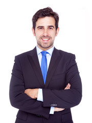 Portrait of happy smiling business man, isolated on a white back