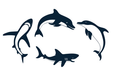 Obraz na płótnie Canvas Set of silhouettes of a shark and dolphin