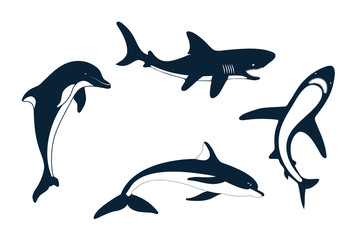 Fototapeta premium Set of silhouettes of a shark and dolphin