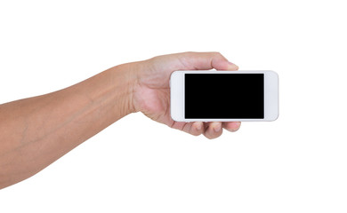 Man hand holding smartphone isolated on white background, clippi