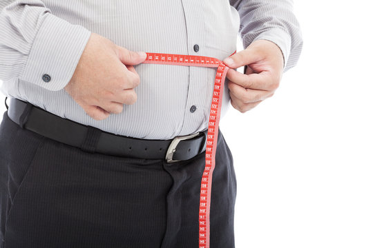 Fat Business Man Use Scale To Measure His Waistline